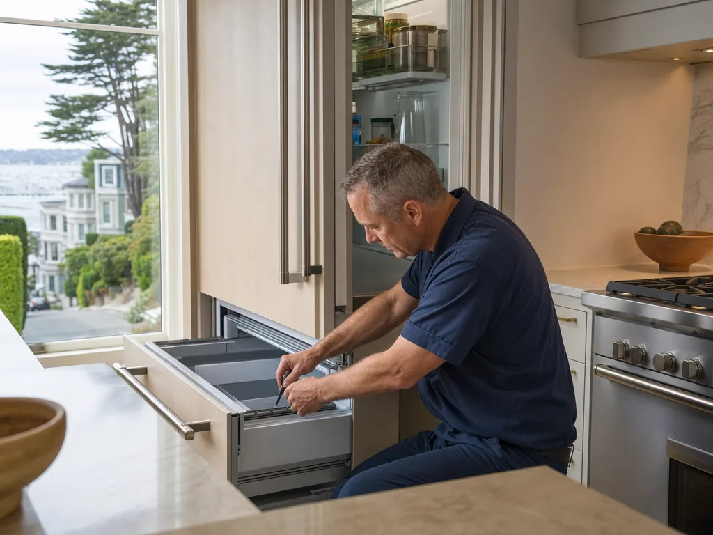 A technician servicing a built-in refrigerator in a Corte Madera, California kitchen