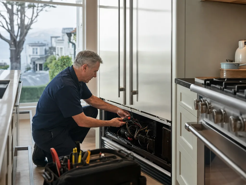 A technician servicing a built-in refrigerator in a Kentfield, California kitchen