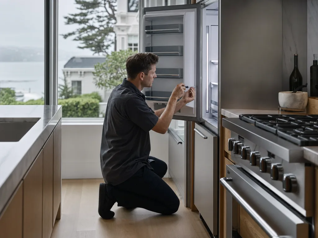 A technician servicing a built-in refrigerator in a Larkspur, California kitchen