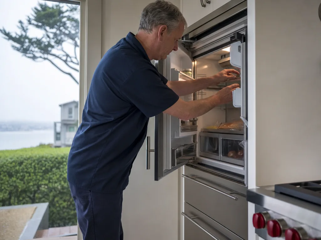 A technician servicing a built-in refrigerator in a Mill Valley, California kitchen