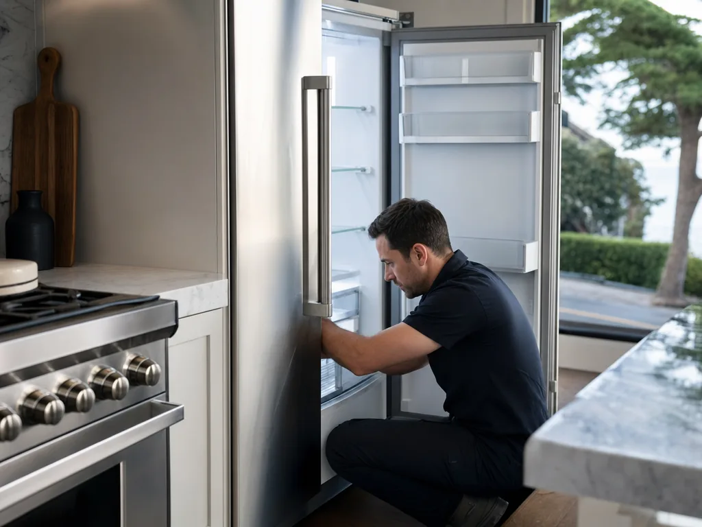 A technician servicing a built-in refrigerator in a San Anselmo, California kitchen