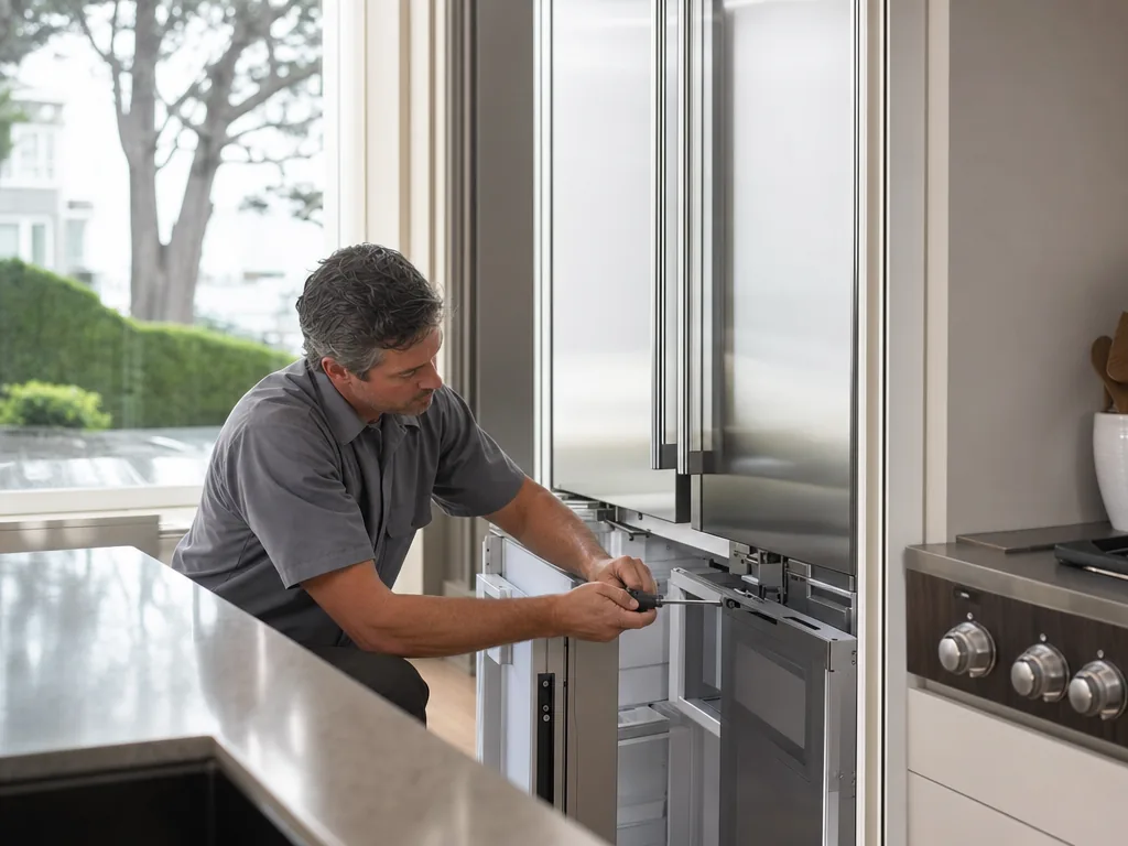 A technician servicing a built-in refrigerator in a San Rafael, California kitchen