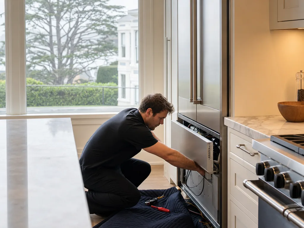 A technician servicing a built-in refrigerator in a Tamalpais-Homestead Valley, California kitchen