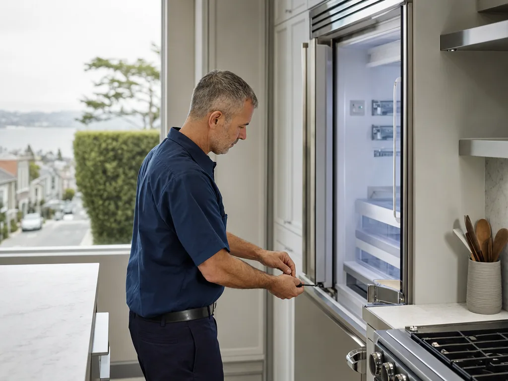 A technician servicing a built-in refrigerator in a Tiburon, California kitchen