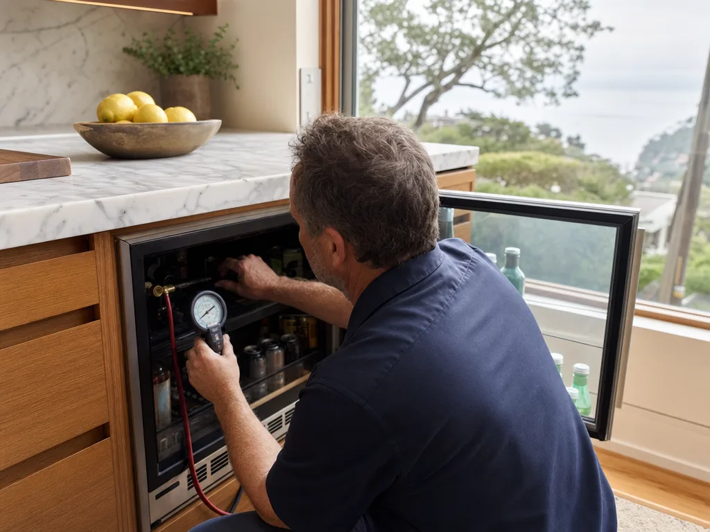 Technician repairing a built-in beverage center in a San Francisco kitchen