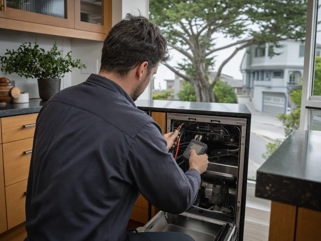 Technician servicing a Bosch built-in appliance in a San Francisco home