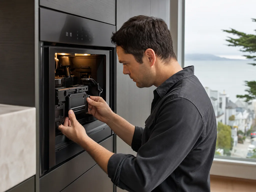 Technician repairing a built-in coffee system in a San Francisco kitchen