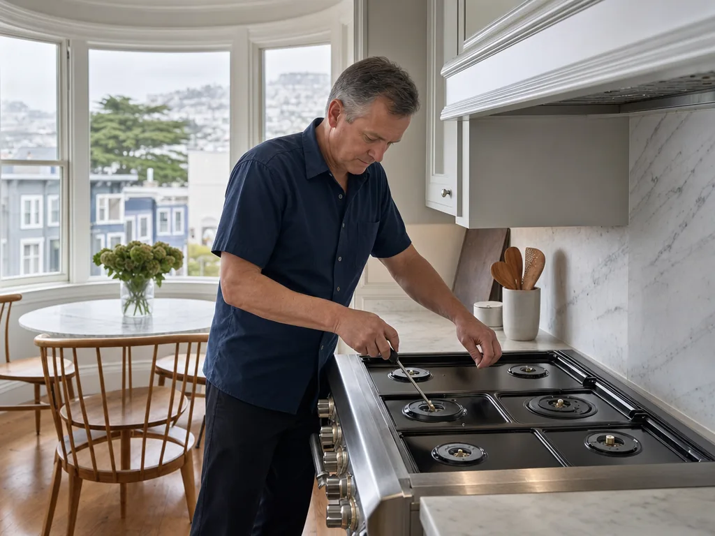 Technician repairing a built-in cooktop in a San Francisco kitchen
