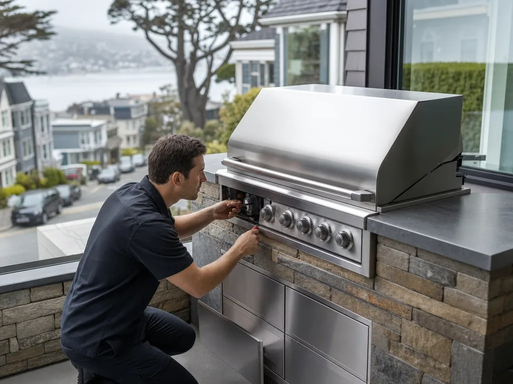 Technician servicing a DCS built-in appliance in a San Francisco home