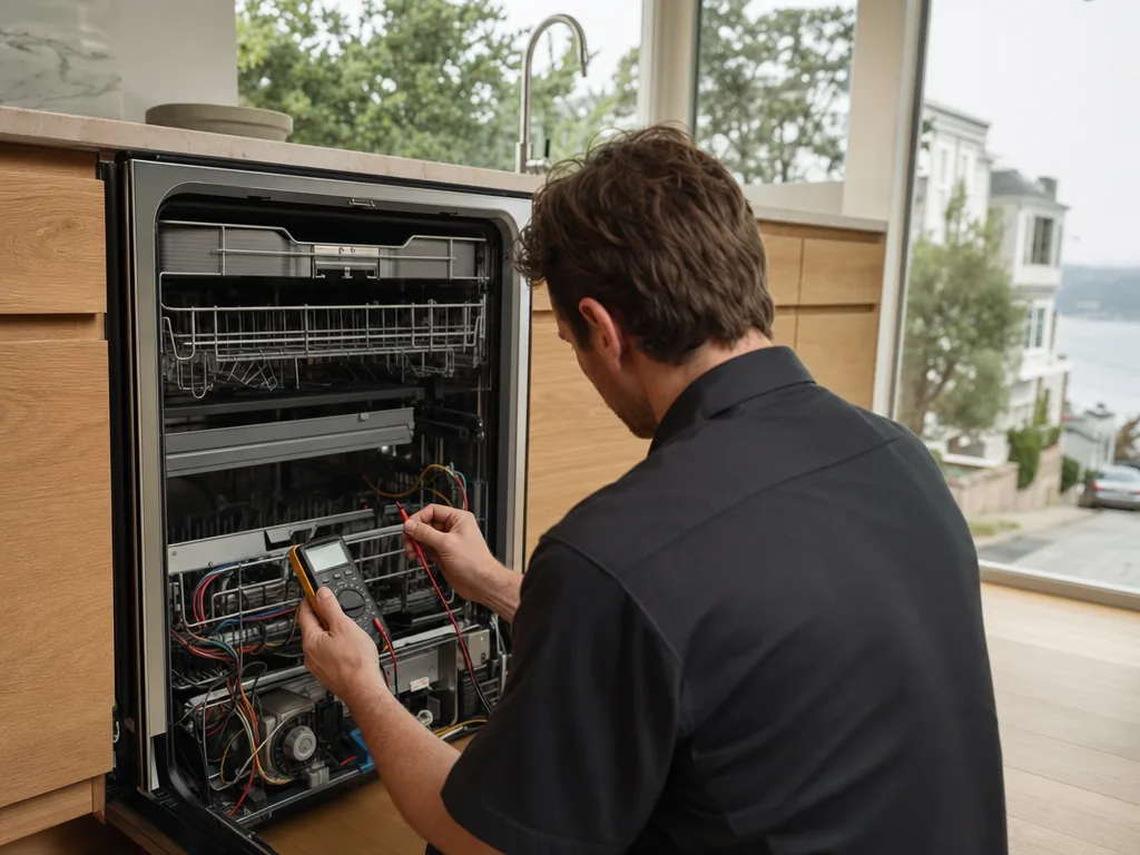 Technician repairing a built-in dishwasher in a San Francisco kitchen