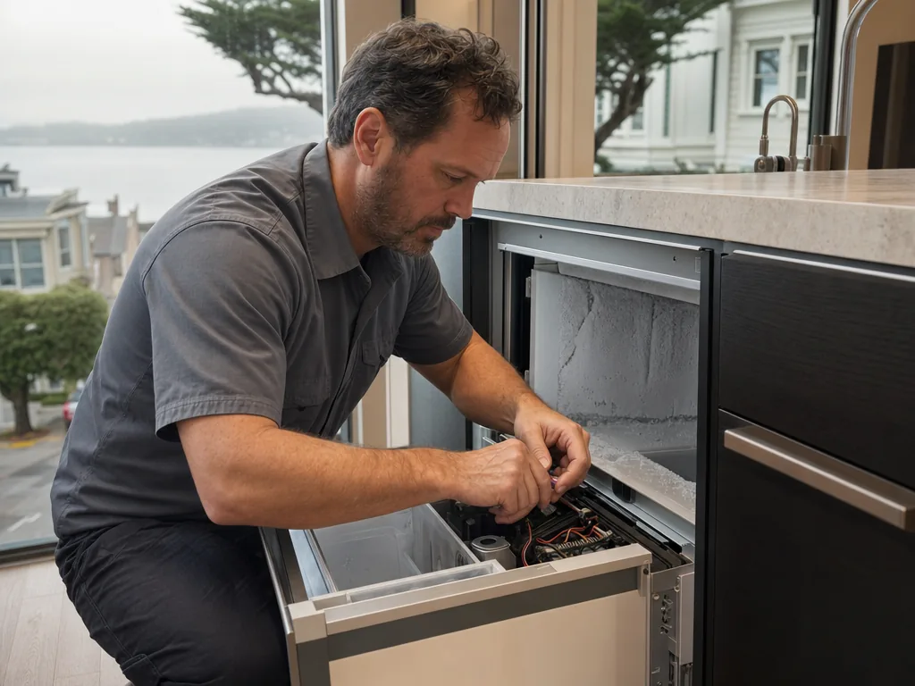 Technician repairing a built-in freezer in a San Francisco kitchen