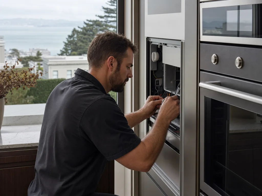 Technician servicing a GE Monogram built-in appliance in a San Francisco home