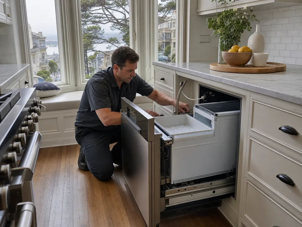 Technician repairing a built-in ice maker in a San Francisco kitchen