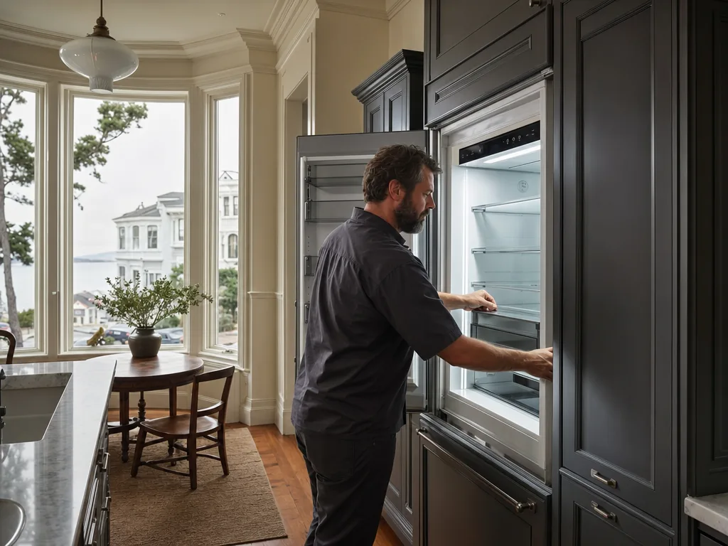 Technician servicing a JennAir built-in appliance in a San Francisco home