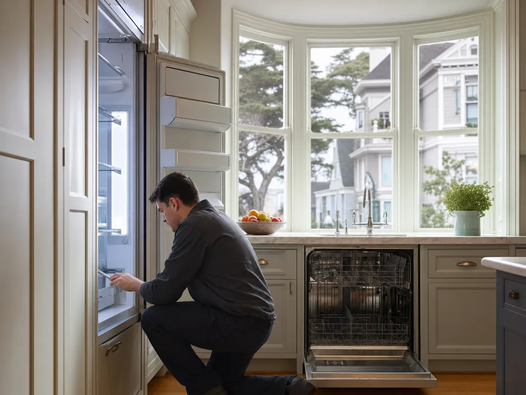 Technician servicing a KitchenAid built-in appliance in a San Francisco home