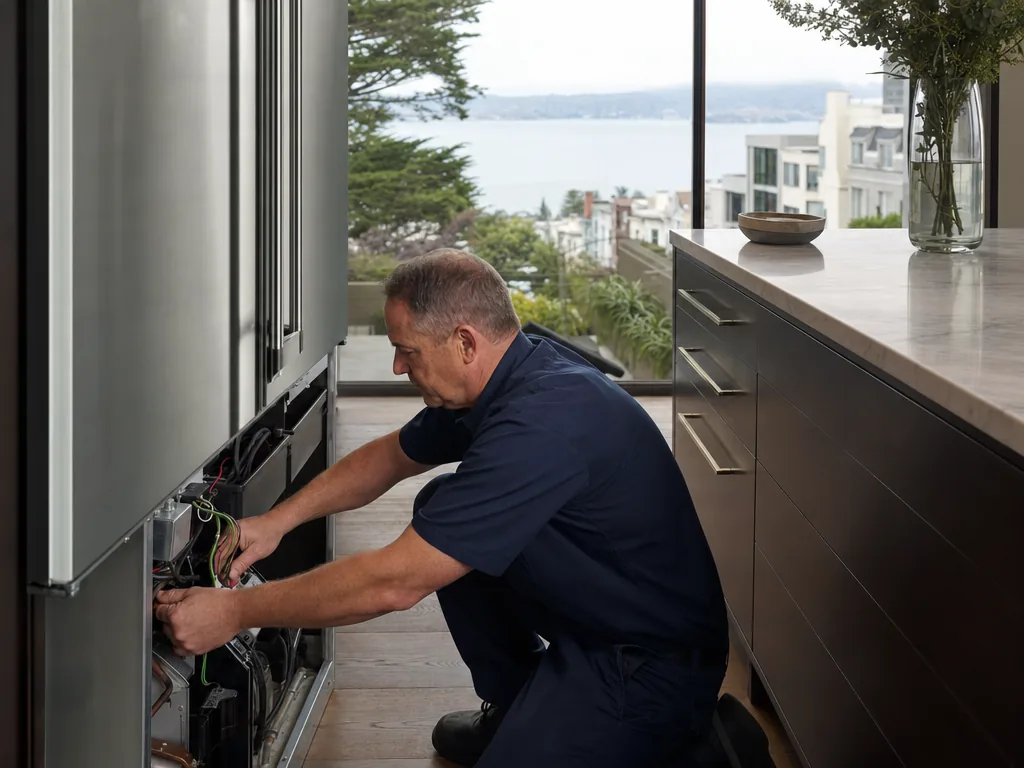 Technician servicing a LG built-in appliance in a San Francisco home