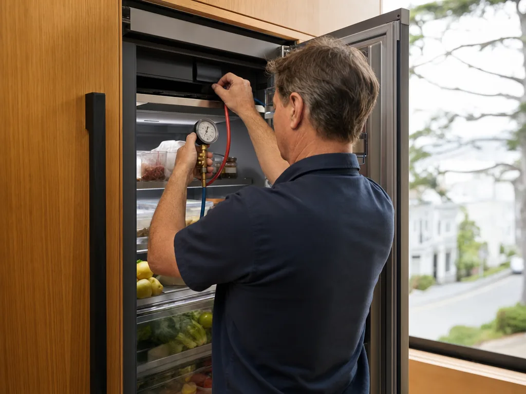 Technician servicing a Liebherr built-in appliance in a San Francisco home