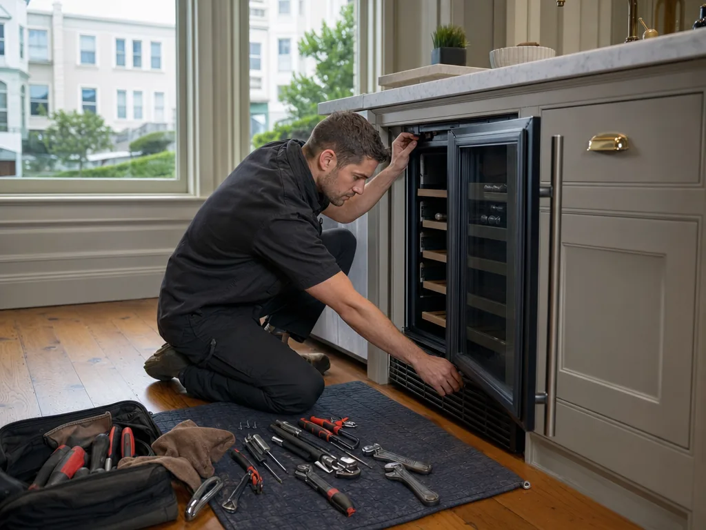 Built-in beverage center opened for repair in a San Francisco kitchen