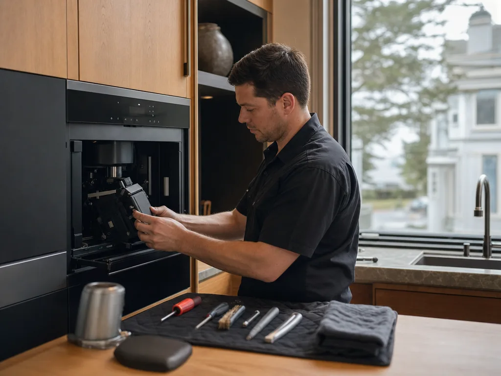 Built-in coffee system opened for repair in a San Francisco kitchen