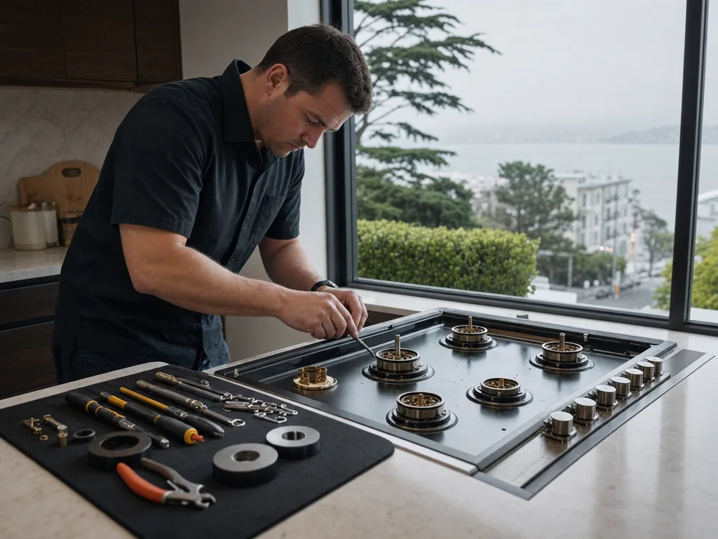 Built-in cooktop opened for repair in a San Francisco kitchen
