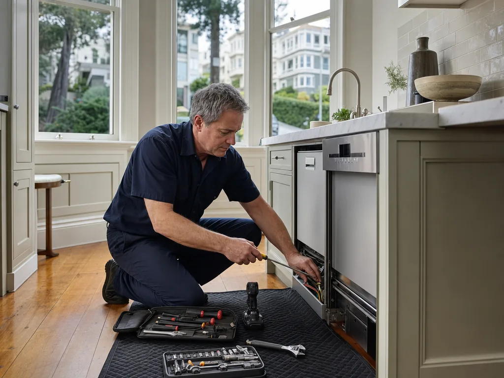 Built-in dishwasher opened for repair in a San Francisco kitchen