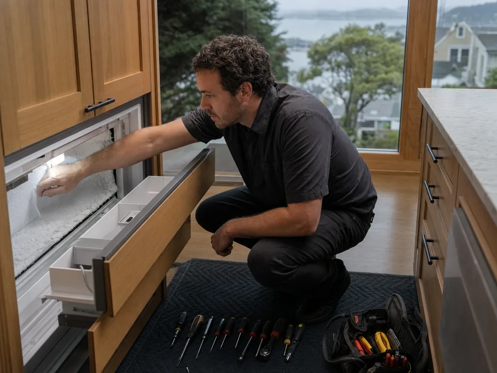 Built-in freezer opened for repair in a San Francisco kitchen