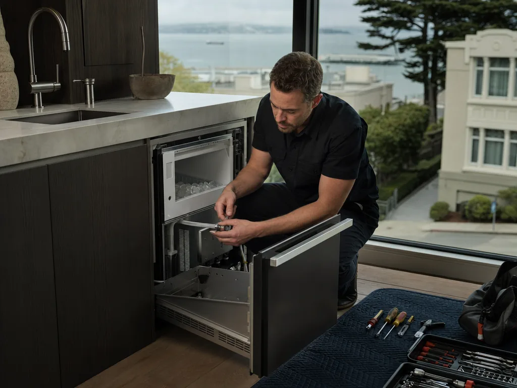 Built-in ice maker opened for repair in a San Francisco kitchen