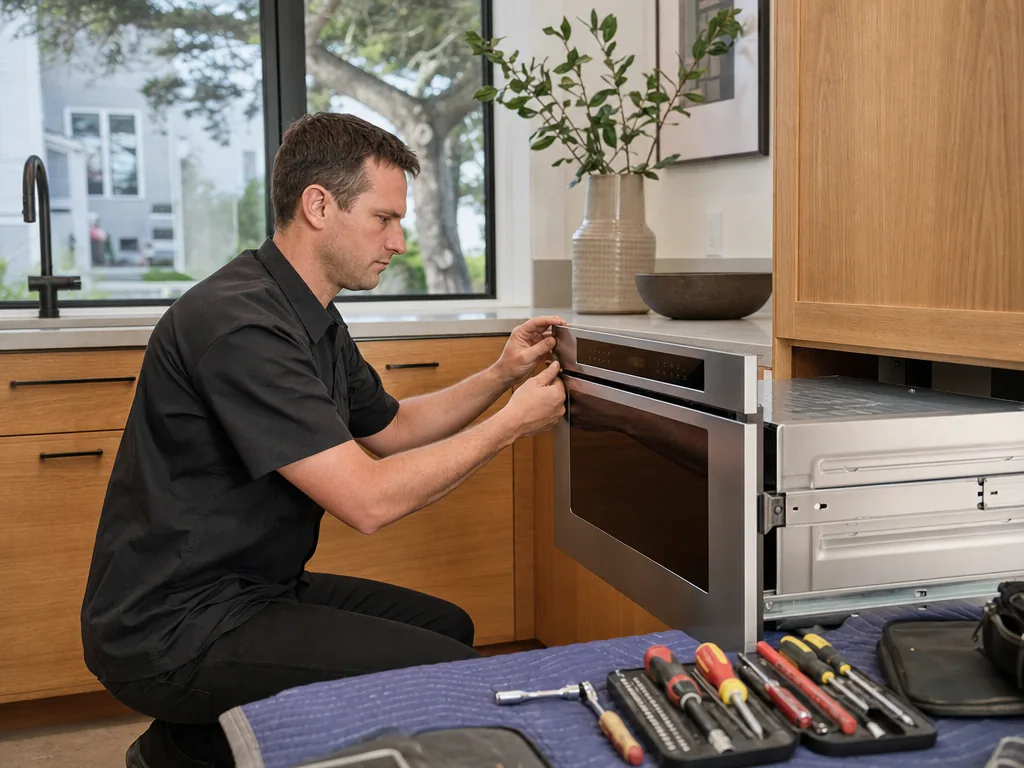 Built-in microwave opened for repair in a San Francisco kitchen