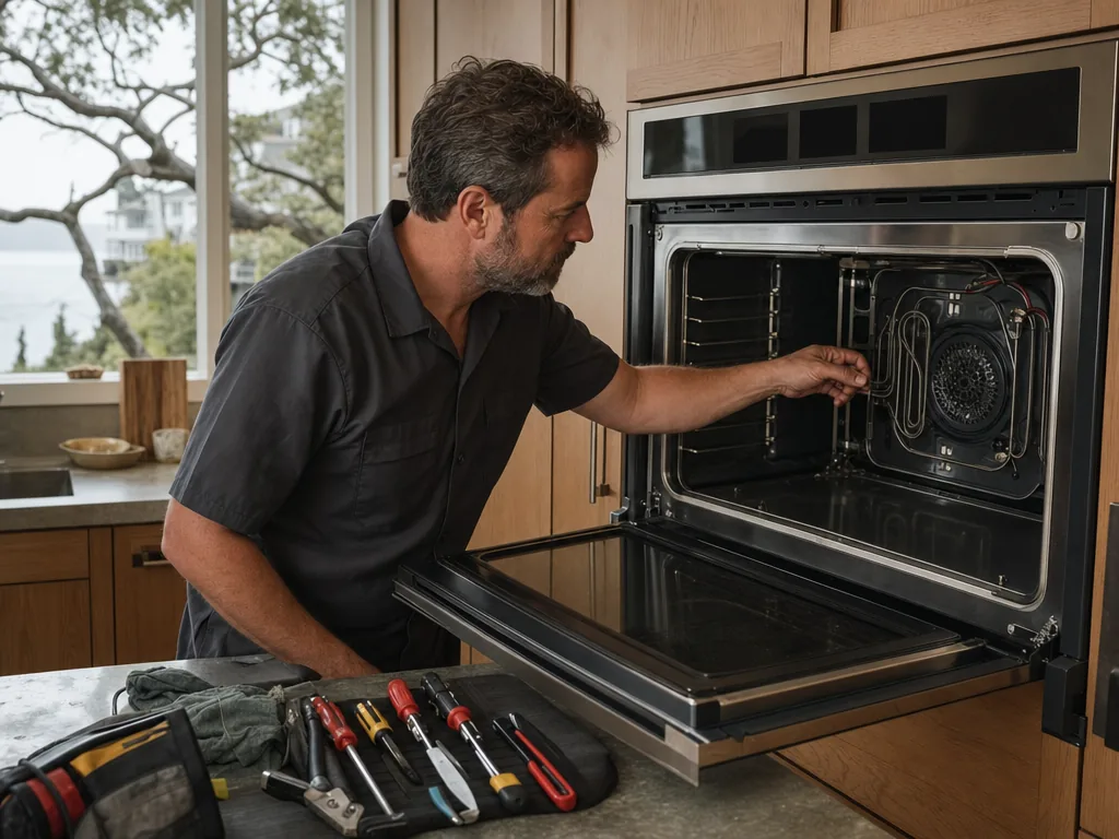 Built-in oven opened for repair in a San Francisco kitchen
