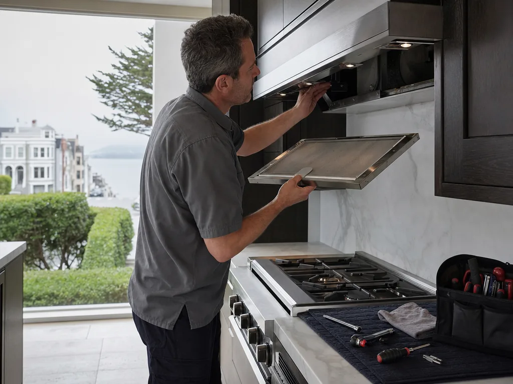 Built-in range hood opened for repair in a San Francisco kitchen