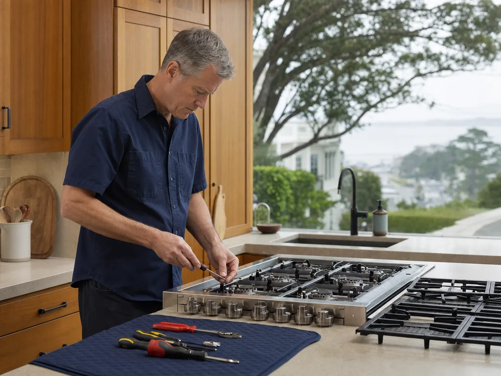 Built-in range opened for repair in a San Francisco kitchen
