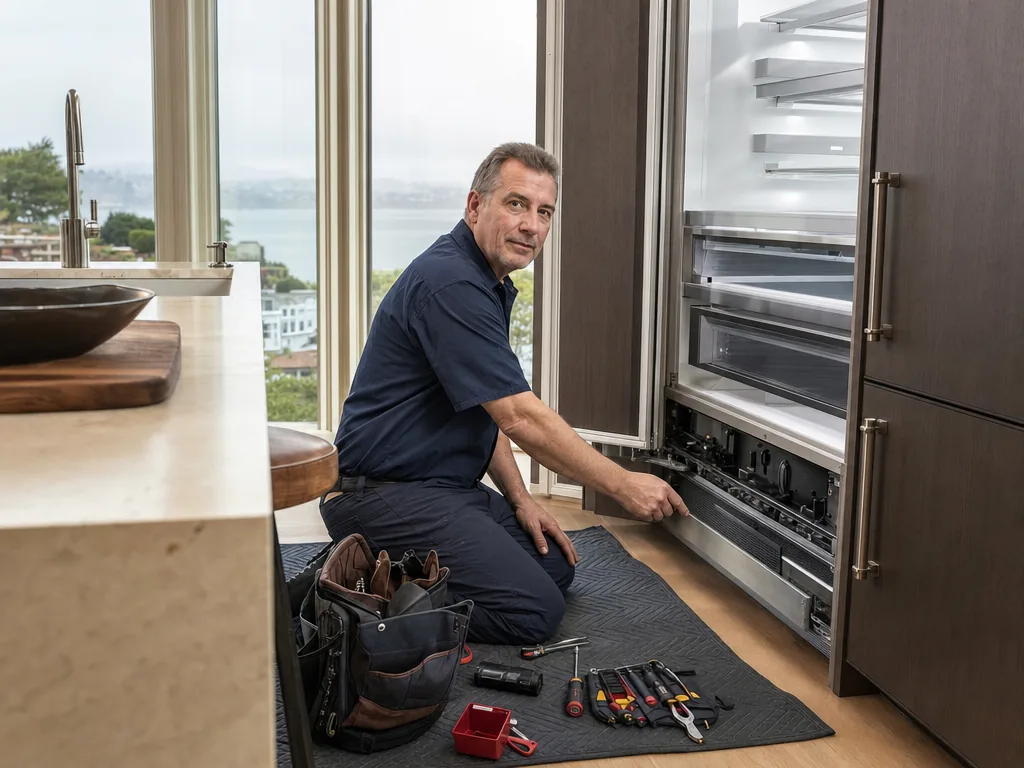 Built-in refrigerator opened for repair in a San Francisco kitchen