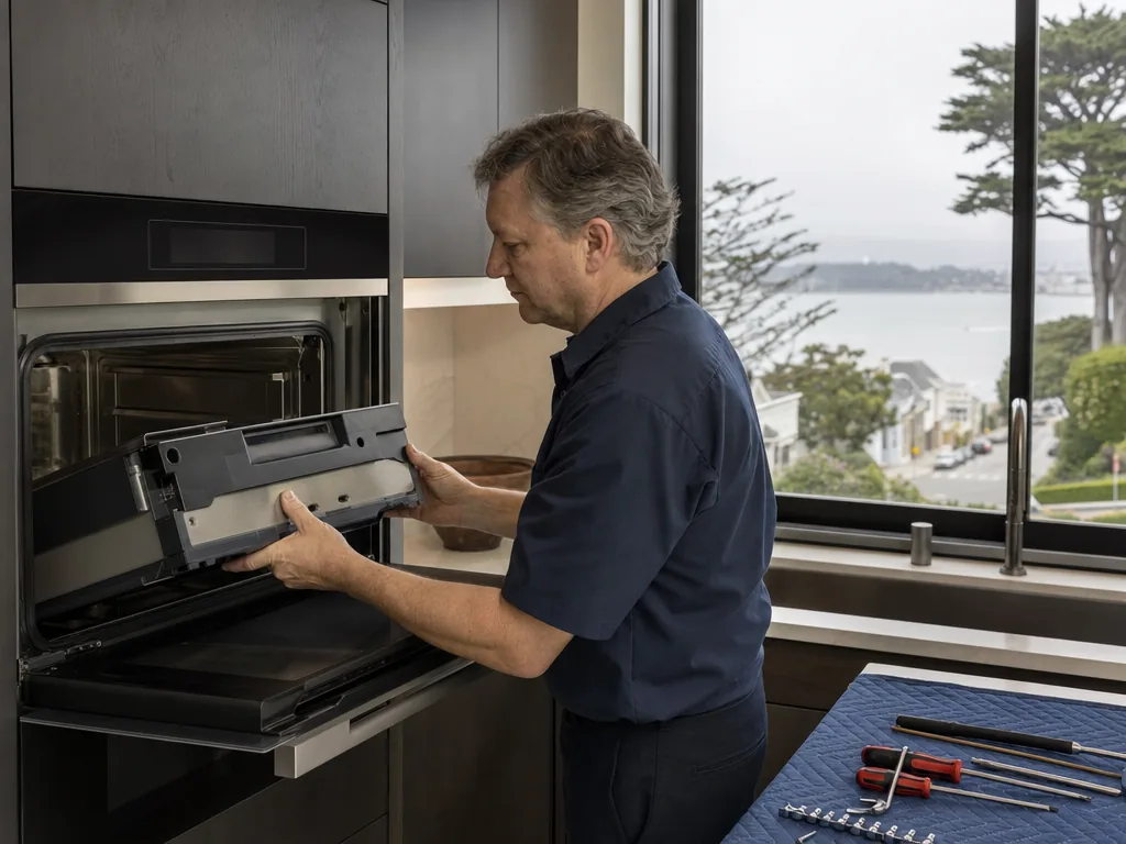 Built-in steam oven opened for repair in a San Francisco kitchen