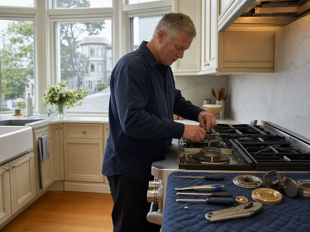 Built-in stove opened for repair in a San Francisco kitchen