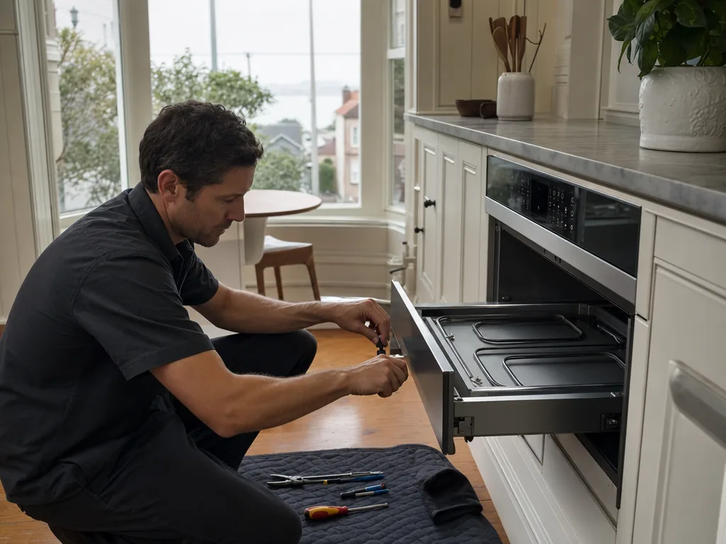 Built-in warming drawer opened for repair in a San Francisco kitchen