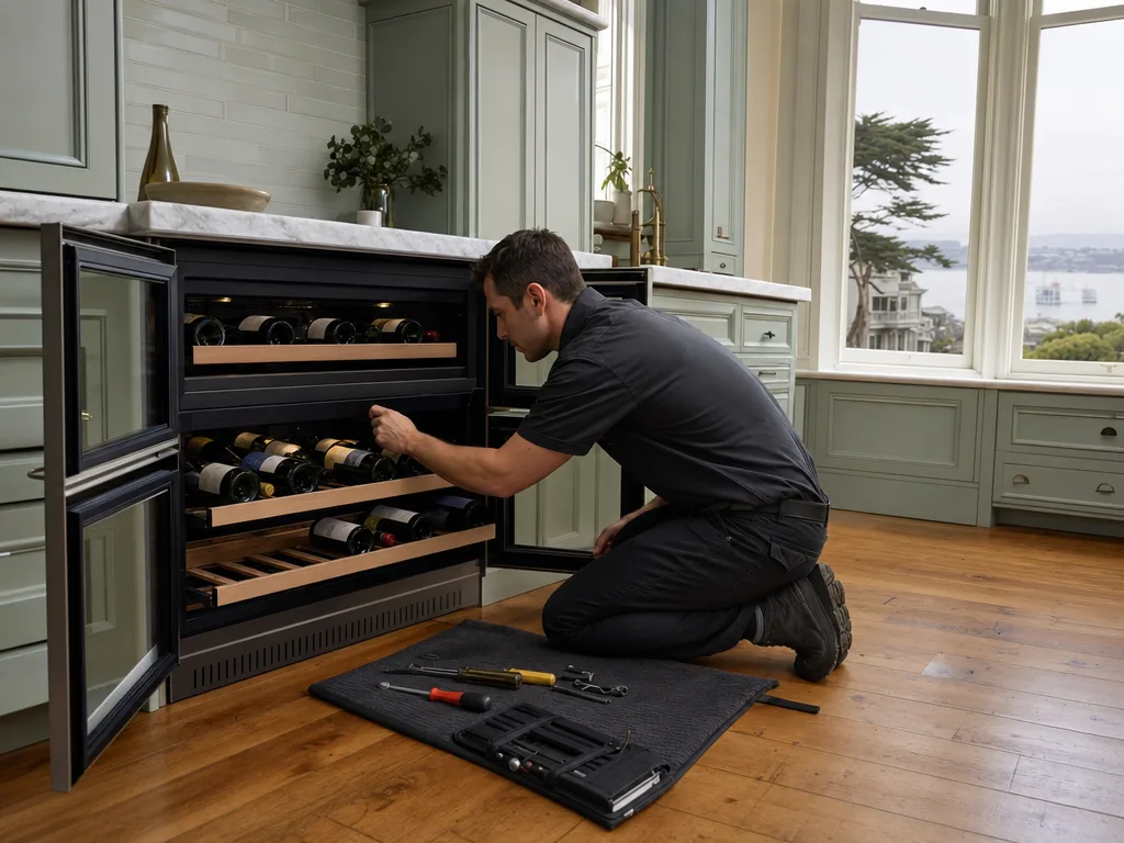 Built-in wine cooler opened for repair in a San Francisco kitchen