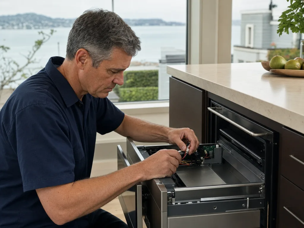 Technician repairing a built-in microwave in a San Francisco kitchen