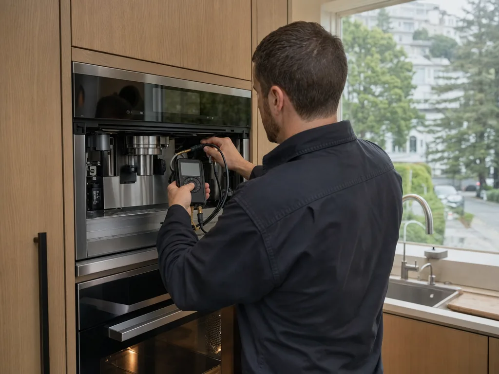Technician servicing a Miele built-in appliance in a San Francisco home