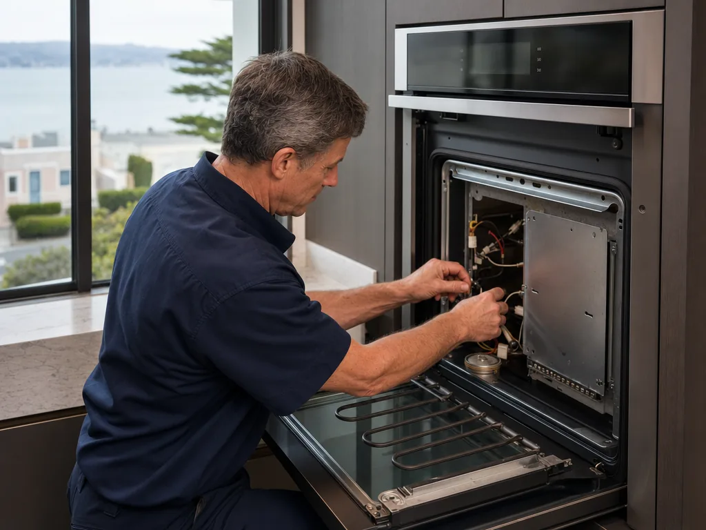 Technician repairing a built-in oven in a San Francisco kitchen
