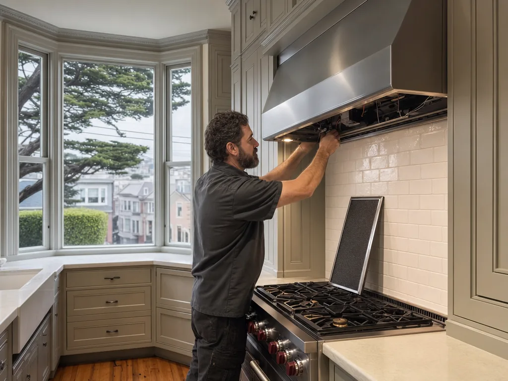Technician repairing a built-in range hood in a San Francisco kitchen