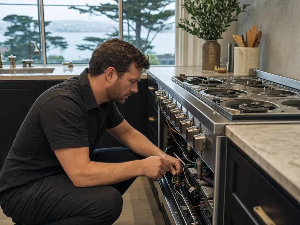 Technician repairing a built-in range in a San Francisco kitchen