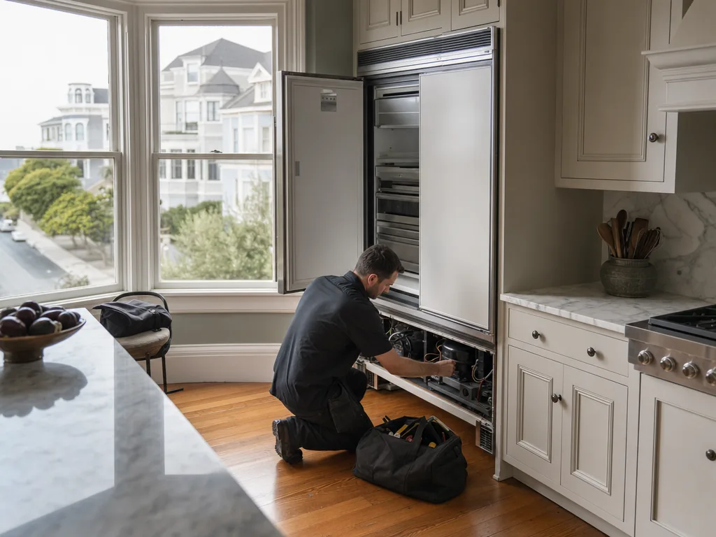 Technician repairing a built-in refrigerator in a San Francisco kitchen