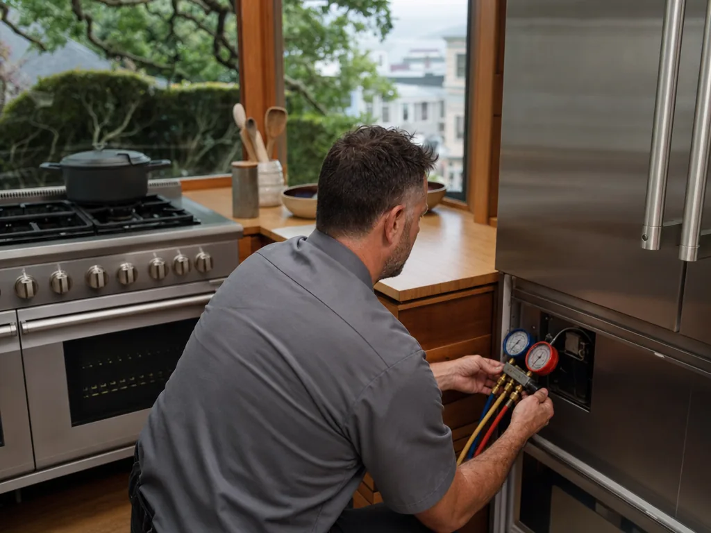Technician servicing a Samsung built-in appliance in a San Francisco home