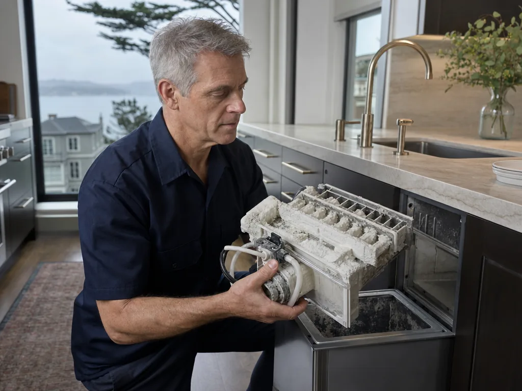Scale in an ice maker during an appliance repair visit in San Francisco, California