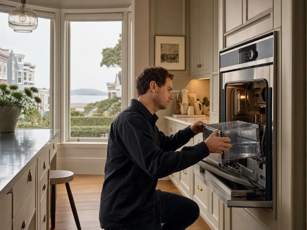 Technician repairing a built-in steam oven in a San Francisco kitchen