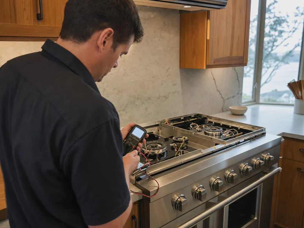 Technician repairing a built-in stove in a San Francisco kitchen