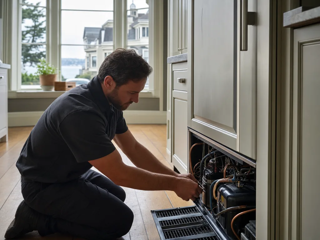 Technician servicing a built-in Sub-Zero refrigerator in a San Francisco kitchen