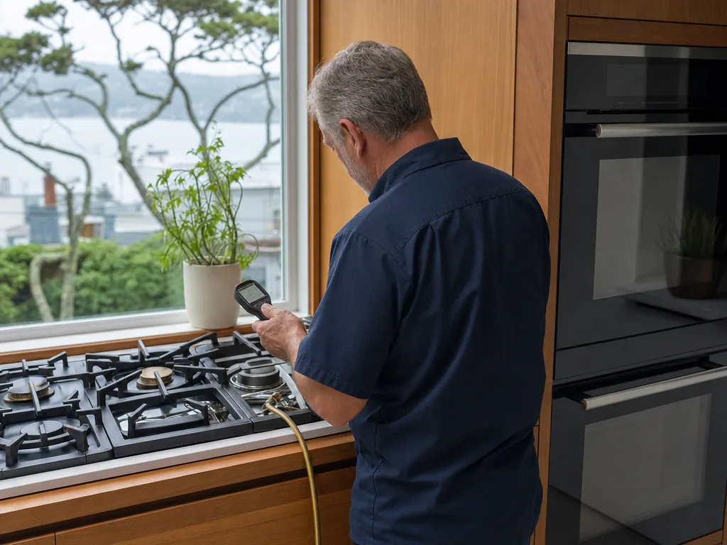 Technician servicing a Thermador built-in appliance in a San Francisco home