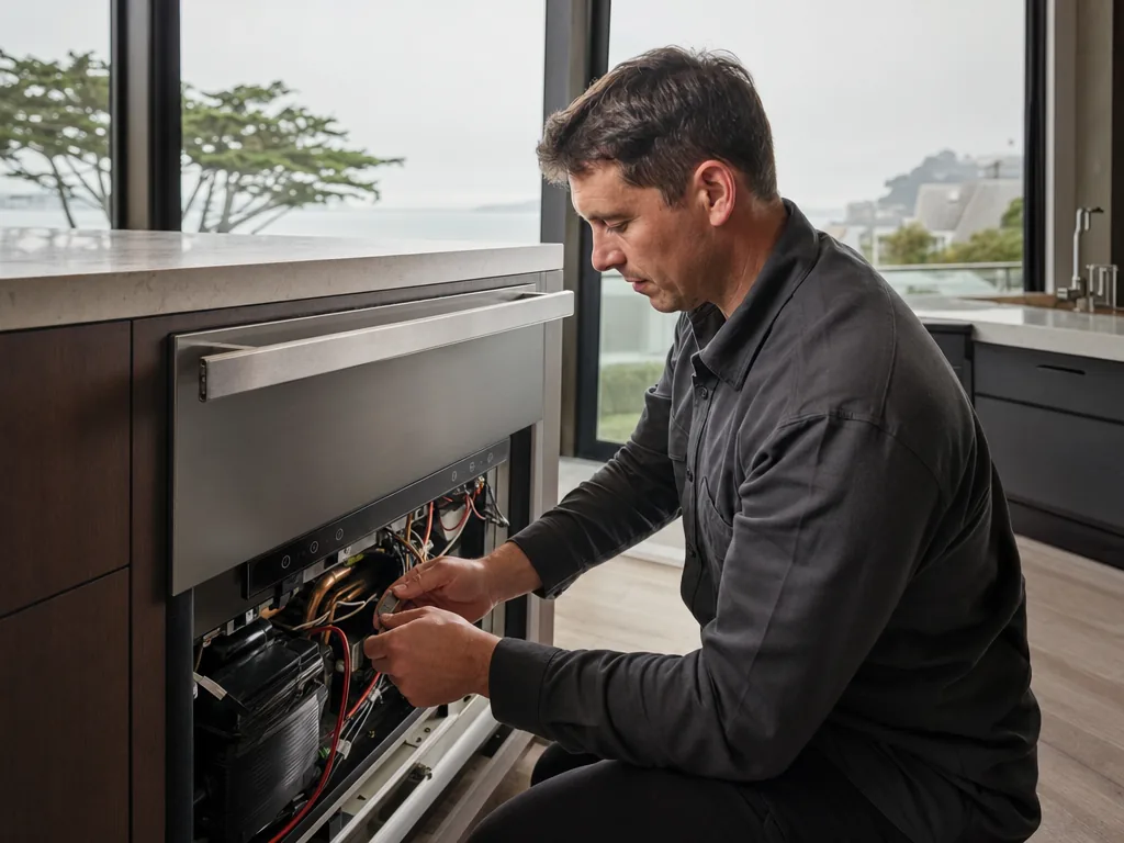 Technician servicing a U-Line built-in appliance in a San Francisco home