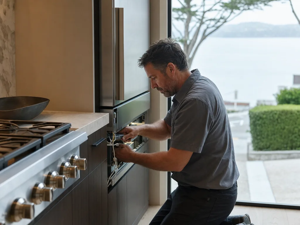Technician servicing a Viking built-in appliance in a San Francisco home